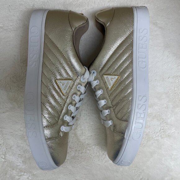 Casual/Formal? Women's Guess Brand Gold Sneaker White Laces Quilted Size 11M - Picture 7 of 14